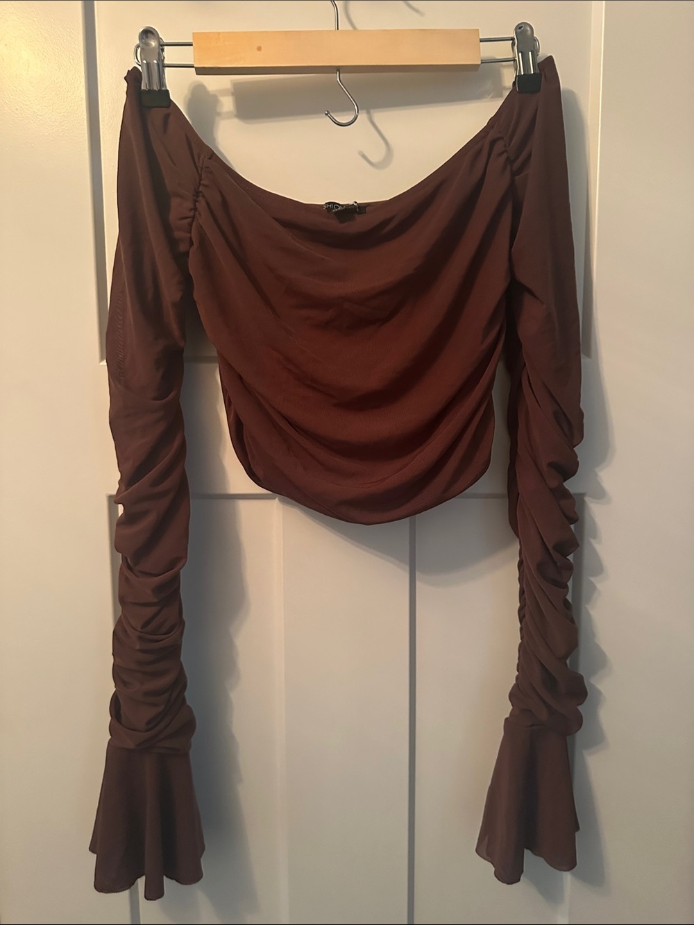 Fashion Nova Brown Off-Shoulder Ruched Long Sleeve Top